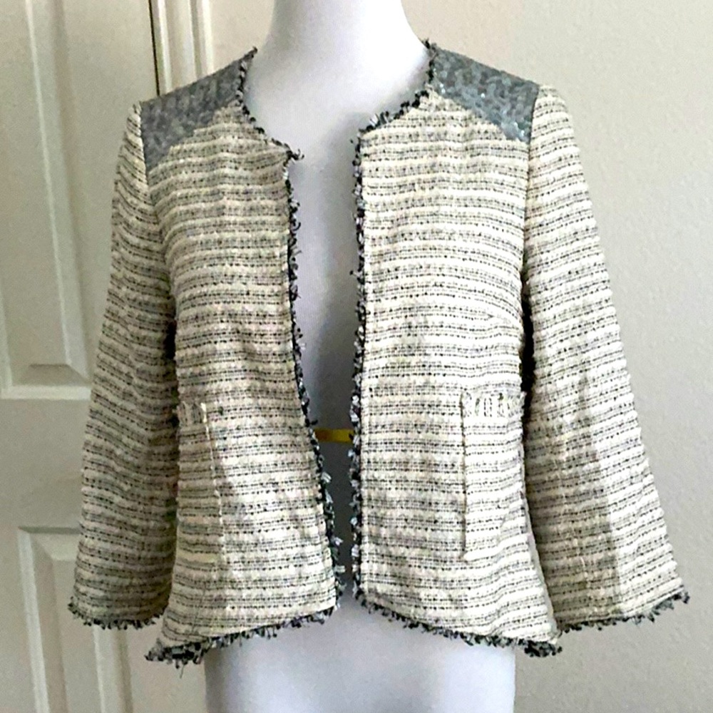 The Limited Womens M Black White Sequin Tweed Blazer Open Front Lined Retro Chic